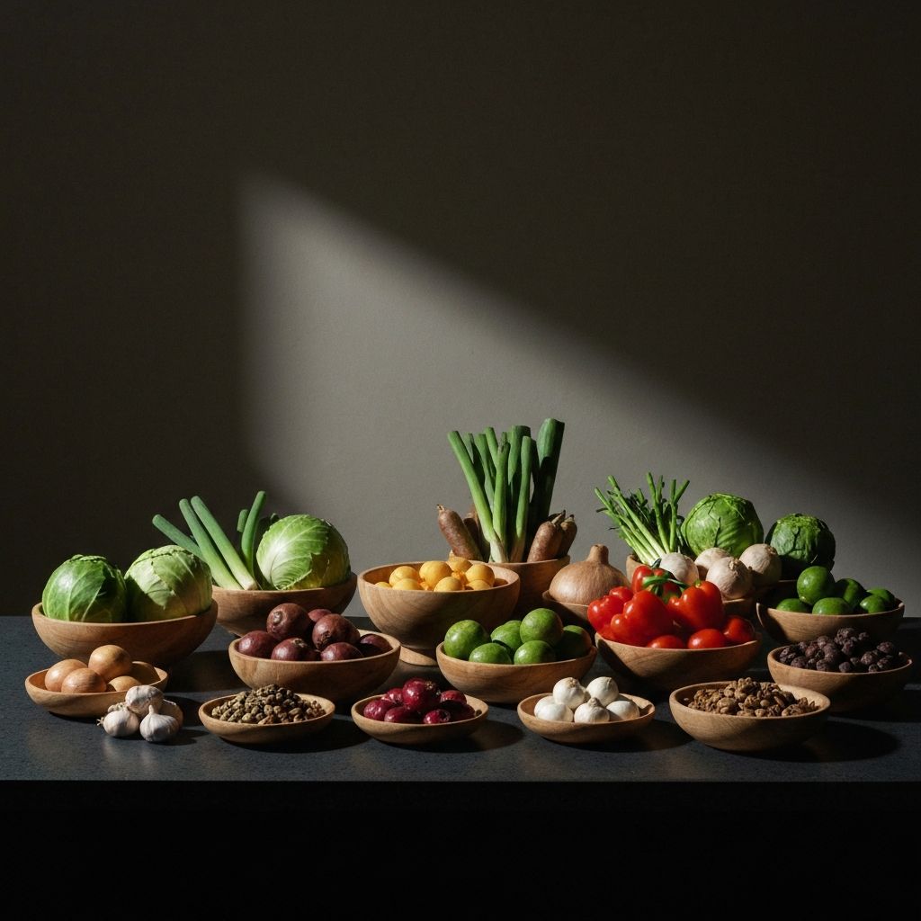 Berbagai sayuran segar dan bahan pangan alami Indonesia di meja dapur