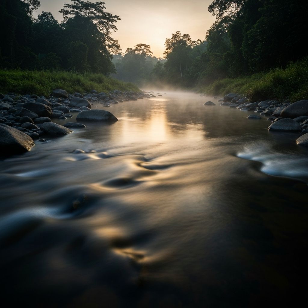 Sungai tropis yang tenang pada saat matahari terbit